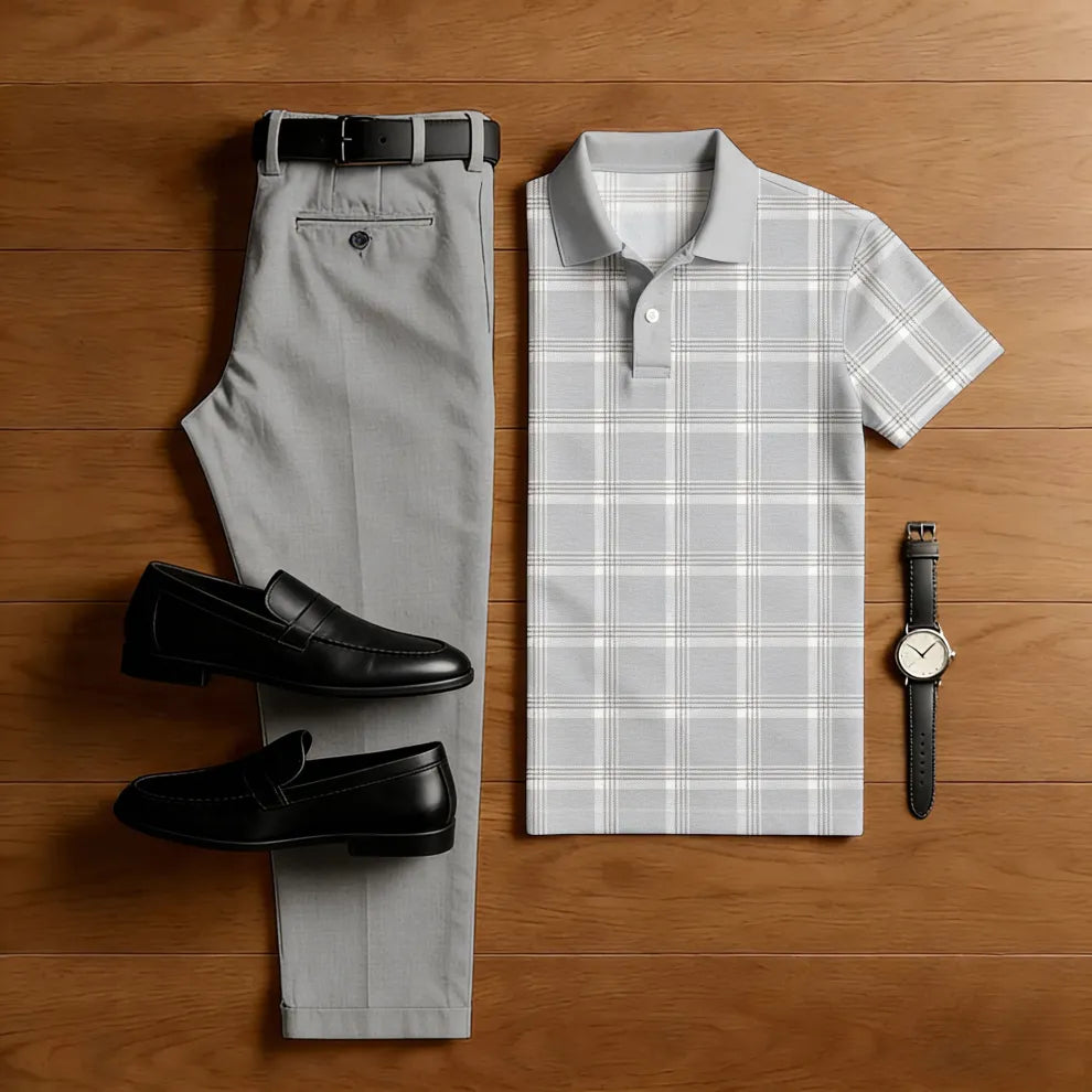 Men's Casual Gray Plaid Print Polo Shirt And Trousers Two-Piece Set