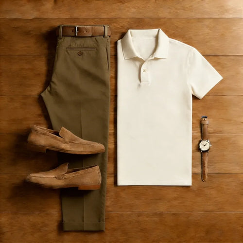 Men's Casual Army Green & Apricot Solid Color Matching Short Sleeved Polo Shirt & Trousers Two-Piece Set
