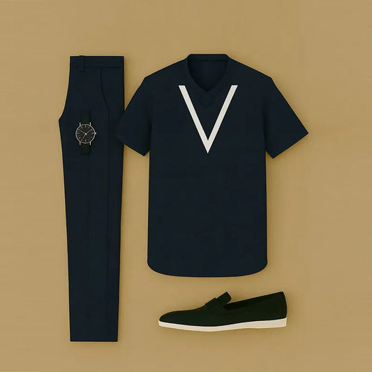 Men's Casual Colour Matching Printed Short Sleeved V-Neck T-Shirt & Trousers Two-Piece Set