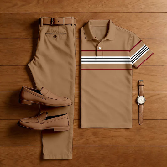 Men's Casual Tan Color Matching Striped Printed Short Sleeved Polo Shirt & Trousers Two-Piece Set