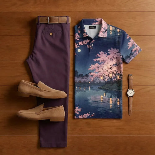 Men's Retro Dark Gray Printed Short-Sleeve Shirt And Trousers Two-Piece Set