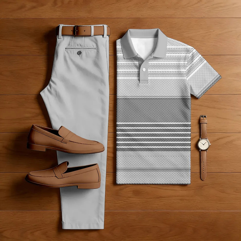 Men's Casual Gray Color Matching Printed Short Sleeved Polo Shirt & Trousers Two-Piece Set