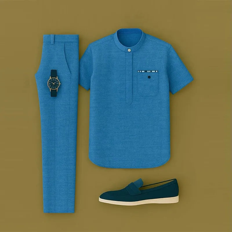 Men's Casual Blue Color Short Sleeved Henry Collar T-Shirt & Trousers Two-Piece Set